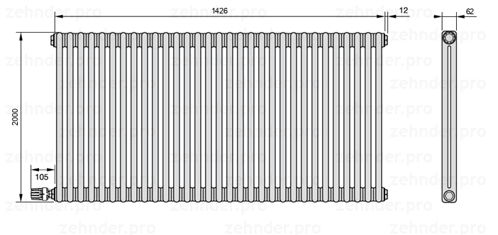 Схема (чертеж) Радиатор Zehnder Charleston 2200/31 №V003 Белый глянцевый RAL 9016